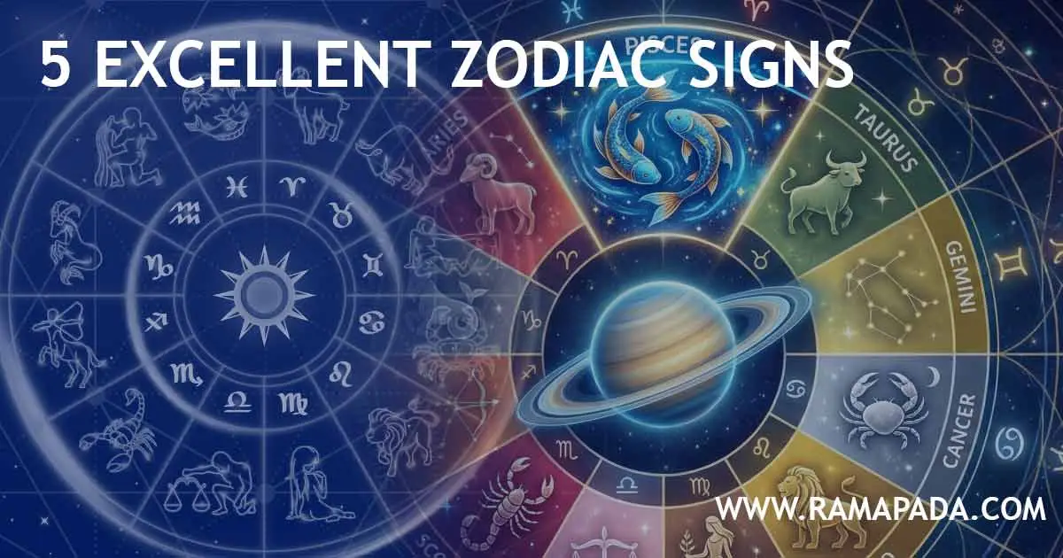 5 excellent zodiac signs in astrology showing horoscope wheel and planetary influence by Ramapada Acharjee